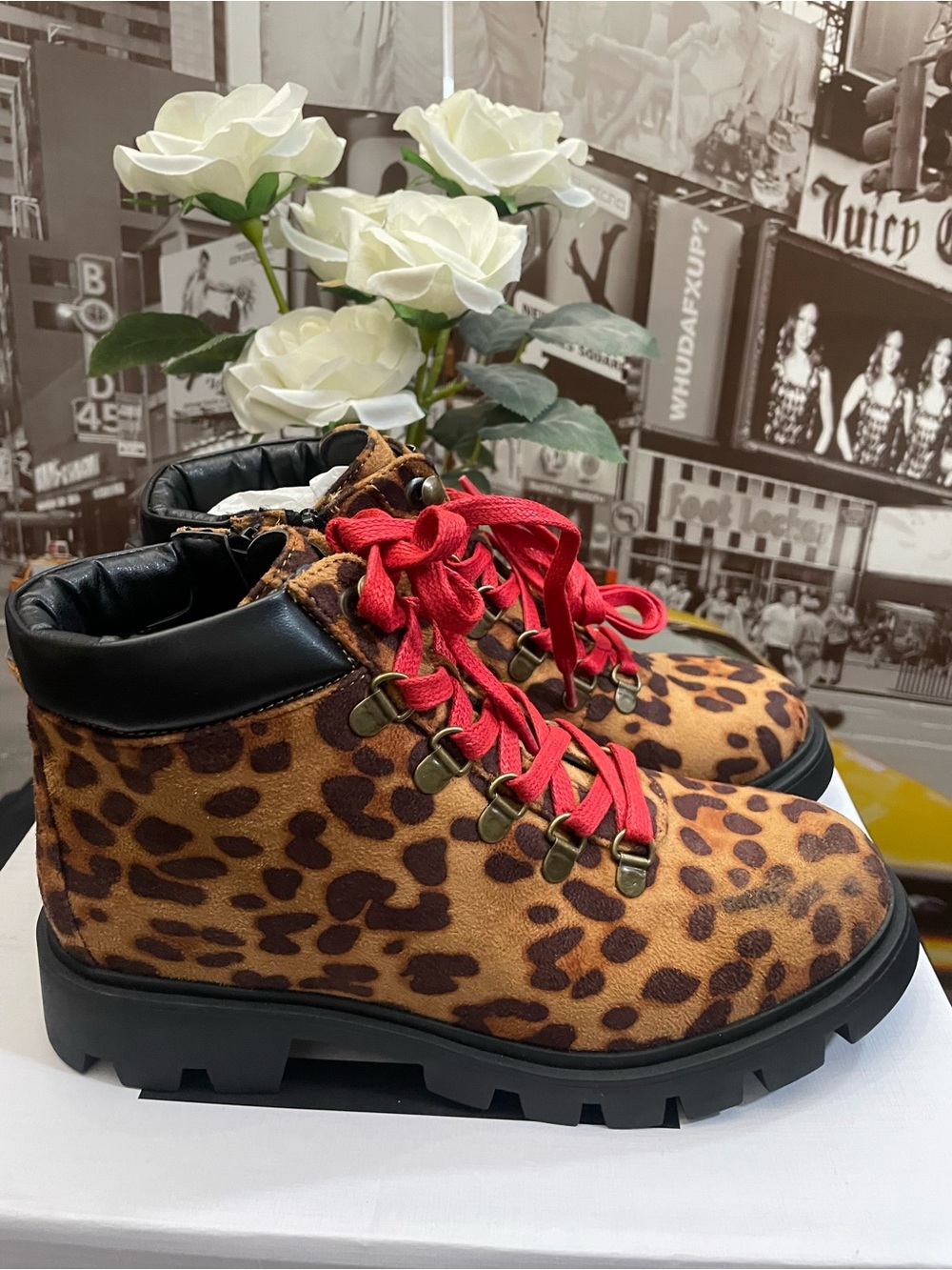 Lust 4 Life Ankle Boots/Booties, Leopard Animal Print with Red Laces SZ 7.5 NEW